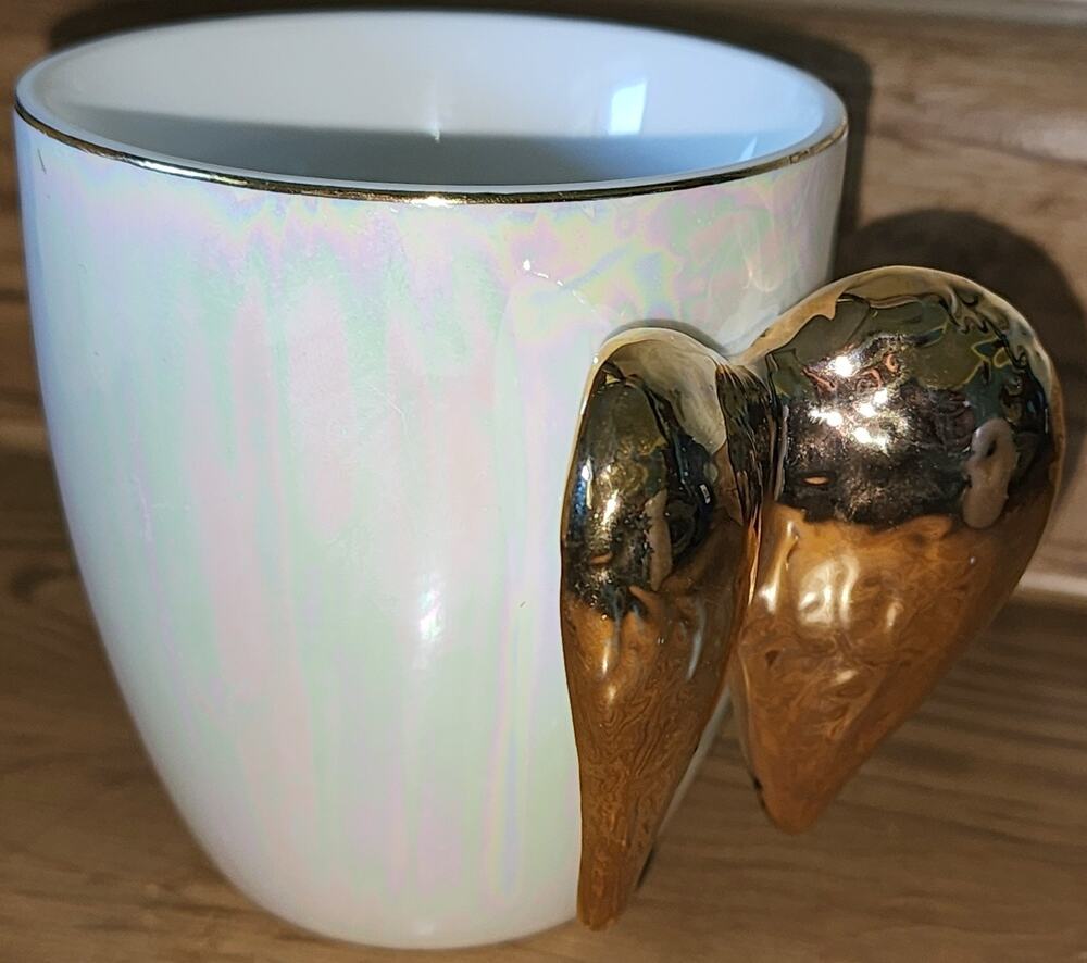 Angel Wings Iridescent Ceramic Cup Mug With Golden Wings & Rim 3 1/4"
